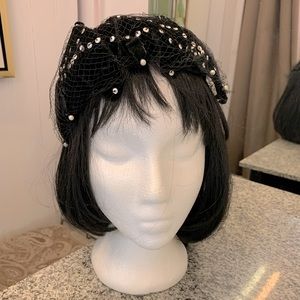 Vintage Black Rhinestone Studded Velvet Scalloped Pillbox Hat With Veil